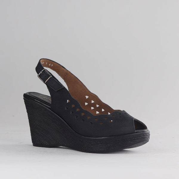 Froggie Women's Punched Slingback Wedge Sandal - Black Leather- 12934 - side
