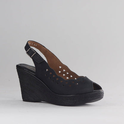 Froggie Women's Punched Slingback Wedge Sandal - Black Leather- 12934 - side