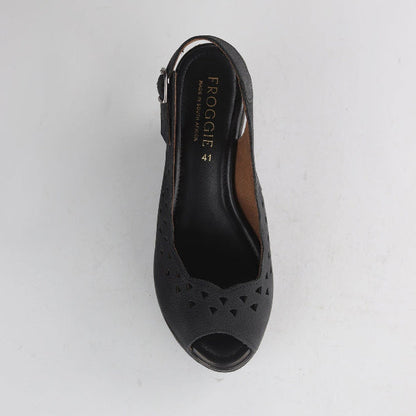 Froggie Women's Punched Slingback Wedge Sandal - Black Leather- 12934 - top angle