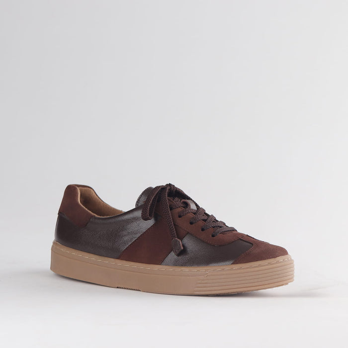 Froggie Women’s Retro Lace-up Sneaker-Brown Leather and Suede  -13036 - side angle.