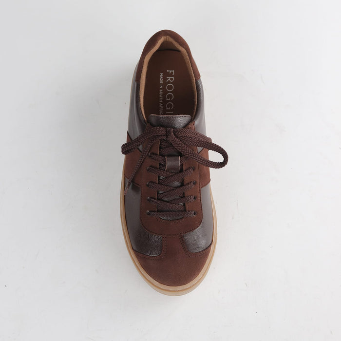Froggie Women’s Retro Lace-up Sneaker-Brown Leather and Suede  -13036 - top angle.