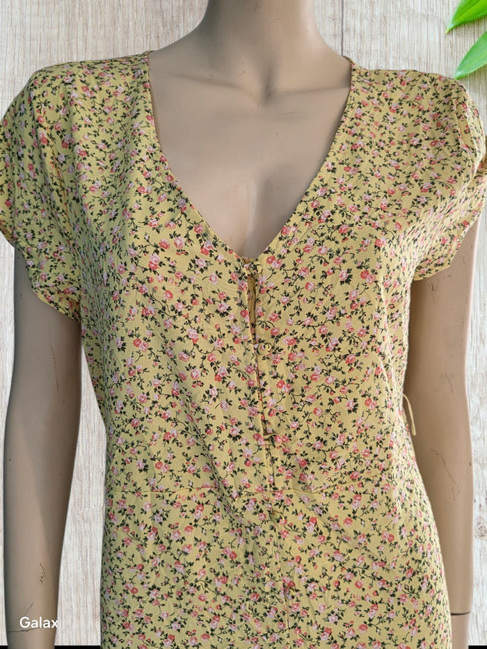 Robe Midi Studio B by Bobeau Jaune Fleuri — Col V Manches Volantées — XL — Très bon état
