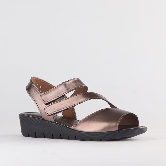 Froggie Women’s Sandal- Velcro- Lead Metallic Leather- 12538 - side angle.