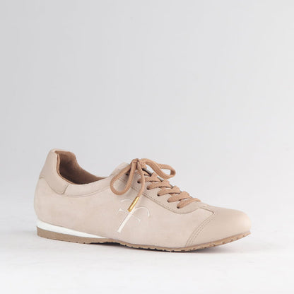 Froggie Women’s Slimline Sneaker 13079 in ice suede and leather with lace-up fastening, cushioned sole, and sleek casual design.