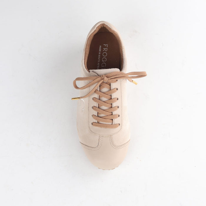 Women’s ice suede and leather slimline sneaker by Froggie style 13079 featuring a comfortable lace-up fit and modern everyday style.