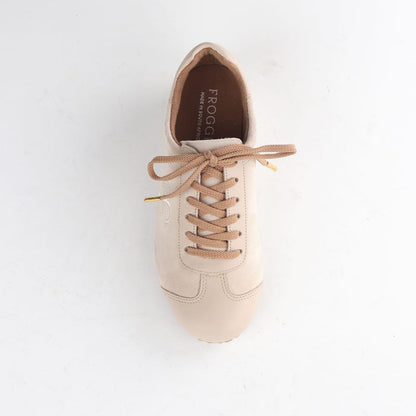Women’s ice suede and leather slimline sneaker by Froggie style 13079 featuring a comfortable lace-up fit and modern everyday style.