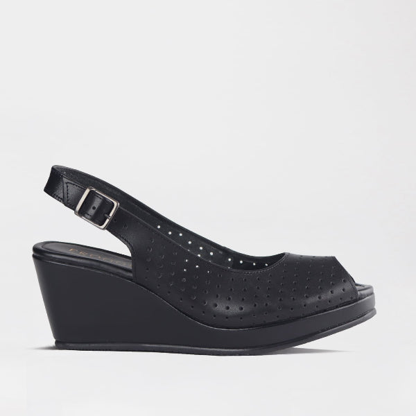 Froggie Women’s Slingback Wedge- Punch Detail-Peep Toe- Black leather- 13047 - side