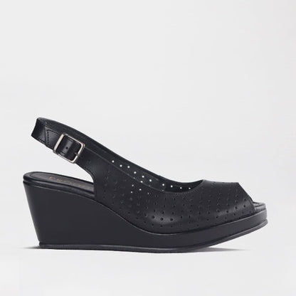 Froggie Women’s Slingback Wedge- Punch Detail-Peep Toe- Black leather- 13047 - side