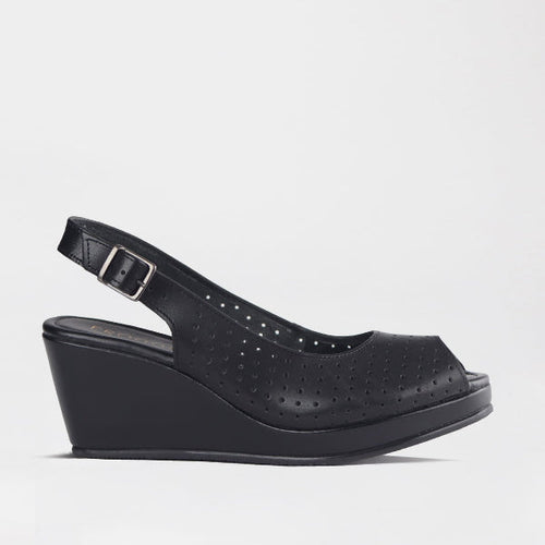 Froggie Women’s Slingback Wedge- Punch Detail-Peep Toe- Black leather- 13047 - side