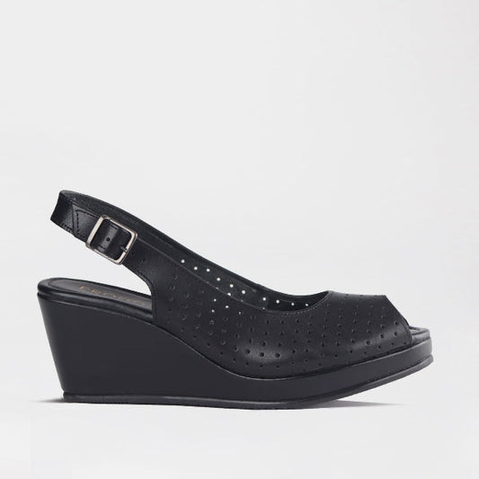 Froggie Women’s Slingback Wedge- Punch Detail-Peep Toe- Black leather- 13047 - side