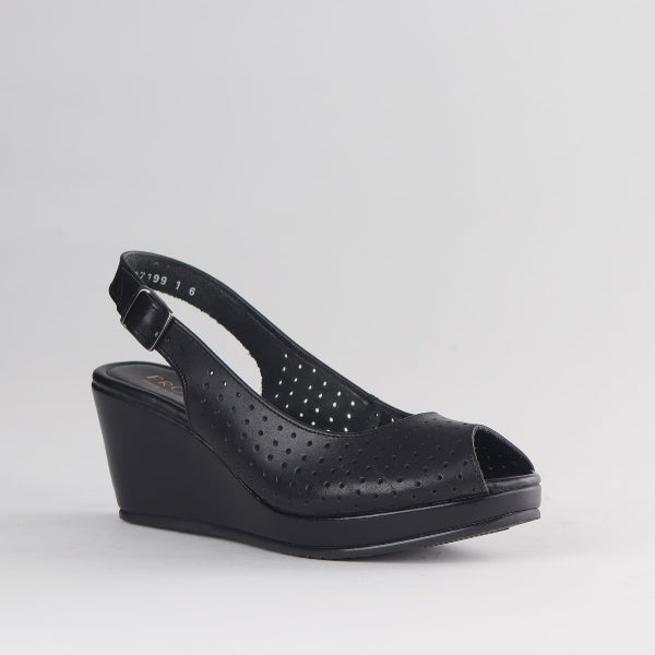 Froggie Women’s Slingback Wedge- Punch Detail-Peep Toe- Black leather- 13047 - side angle