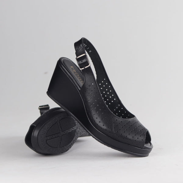 Froggie Women’s Slingback Wedge- Punch Detail-Peep Toe- Black leather- 13047 - pair