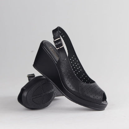 Froggie Women’s Slingback Wedge- Punch Detail-Peep Toe- Black leather- 13047 - pair