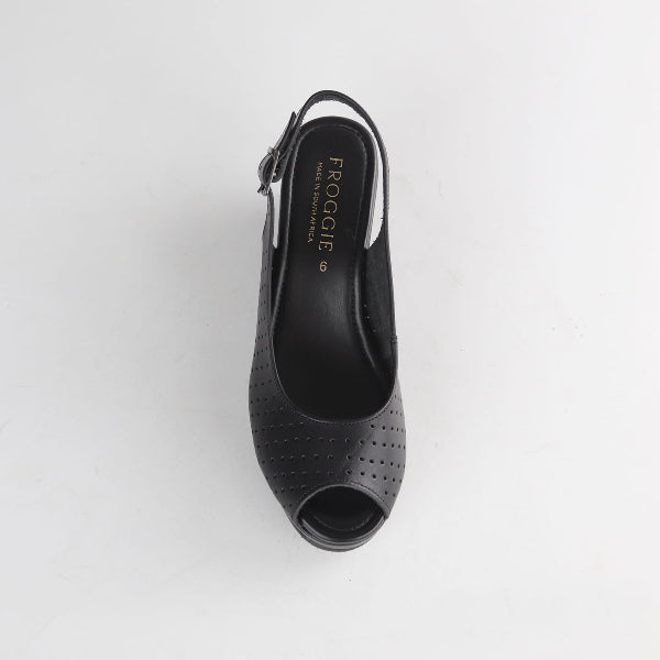 Froggie Women’s Slingback Wedge- Punch Detail-Peep Toe- Black leather- 13047 - top angle