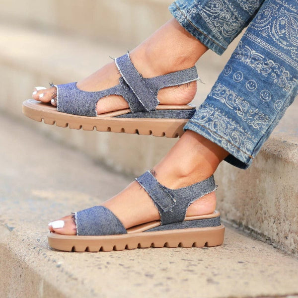 Factory Shop Slingback Wedge Sandal in Denim - 12614 - close up.