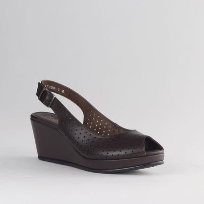 Factory Brown Women’s Slingback Wedge- Punch Detail-Peep Toe- Brown leather- 13047 - side angle