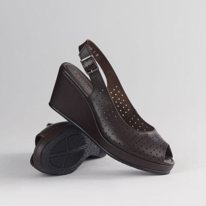 Factory Brown Women’s Slingback Wedge- Punch Detail-Peep Toe- Brown leather- 13047 - pair