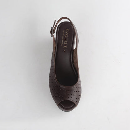 Factory Brown Women’s Slingback Wedge- Punch Detail-Peep Toe- Brown leather- 13047 - top