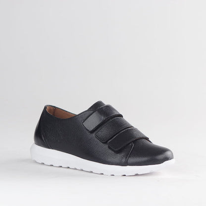 Froggie Women’s Sneaker- Velcro Fastening- Black Leather- 13044 - side