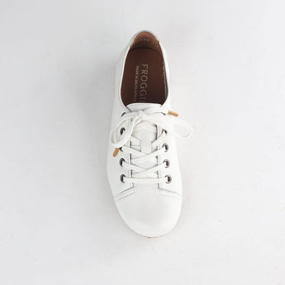 Factory Shop Shoes Froggie Women’s Sneaker- White Leather - 13032 - top angle.