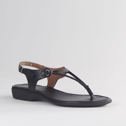 Froggie Women’s Spaghetti Thong Sandal 13075 in black leather with slim straps, cushioned footbed and lightweight summer comfort design.