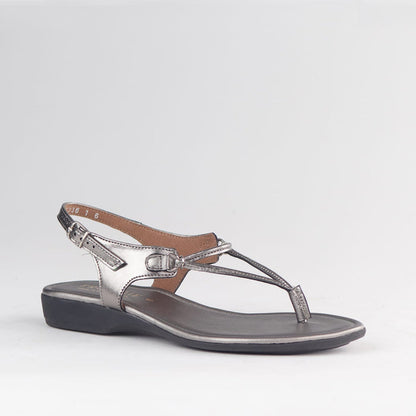 Froggie Women’s Spaghetti Thong Sandal- Pewter Leather- 13075 - side angle.