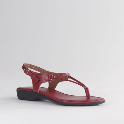 Froggie 13075 women’s red leather thong sandal with delicate spaghetti straps, slip-on style and minimalist warm-weather fashion look.