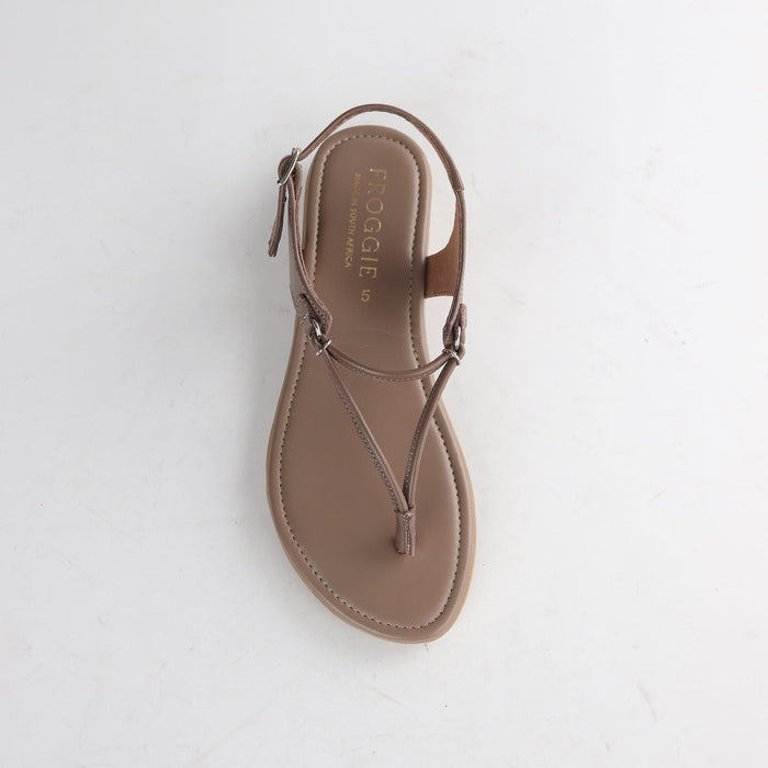 Froggie 13075 women’s spaghetti thong sandal in stone leather with soft insole, thin strap construction, and casual versatile summer wear look.