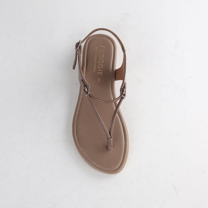 Froggie 13075 women’s spaghetti thong sandal in stone leather with soft insole, thin strap construction, and casual versatile summer wear look.