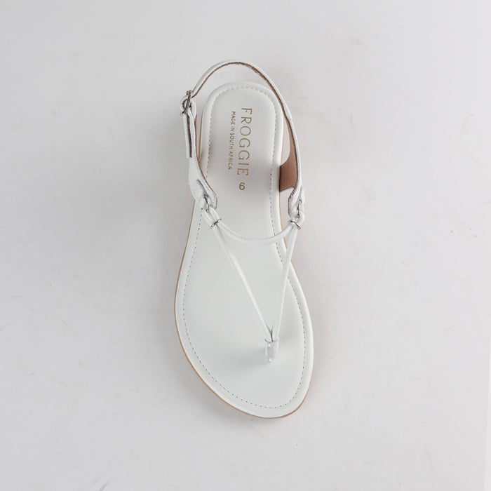Froggie 13075 women’s spaghetti thong sandal in white leather with soft footbed, thin strap design, and casual everyday summer wear look.