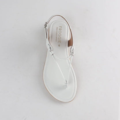 Froggie 13075 women’s spaghetti thong sandal in white leather with soft footbed, thin strap design, and casual everyday summer wear look.
