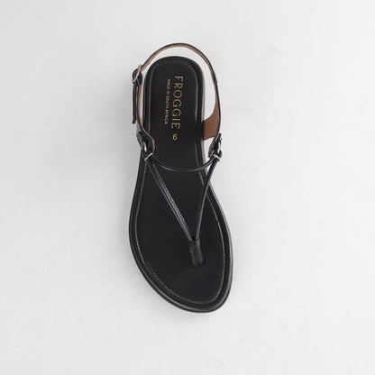 Froggie Women’s 13075 spaghetti thong sandal in black leather with thin strap detailing, slip-on fit and comfortable everyday summer wear.