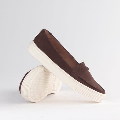 Froggie Women’s Suede Loafer with sneaker sole in brown suede featuring durable outsole, soft suede finish and relaxed casual fashion design-12991.