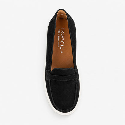 Women’s Froggie 12991 loafer sneaker in brown suede with sporty sole, easy slip-on construction and versatile everyday wear comfort.