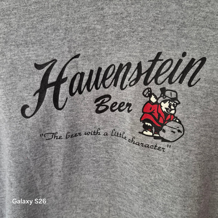Sweat à capuche vintage USA Hauenstein Beer gris et rouge – taille L