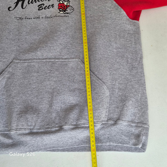 Sweat à capuche vintage USA Hauenstein Beer gris et rouge – taille L