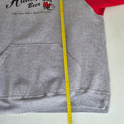 Sweat à capuche vintage USA Hauenstein Beer gris et rouge – taille L
