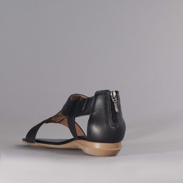 Factory Shop T-Bar Flat Sandal in Black - 12563 - back angle.