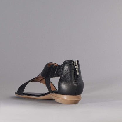 Factory Shop T-Bar Flat Sandal in Black - 12563 - back angle.