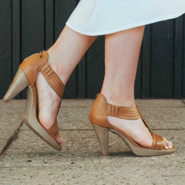 Froggie T-Bar High Heel Sandal in Tan - 10729 - close up.
