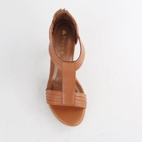 Froggie T-Bar High Heel Sandal in Tan - 10729 - top angle.