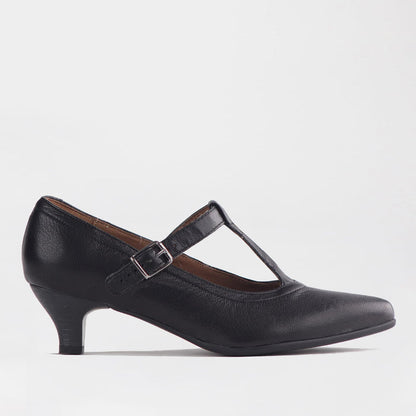Froggie Shoes Shoes Froggie Women’s T Bar Kitten Heel Pump- Black Leather - 12792