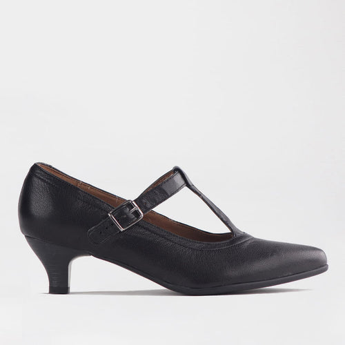 Froggie Shoes Shoes Froggie Women’s T Bar Kitten Heel Pump- Black Leather - 12792
