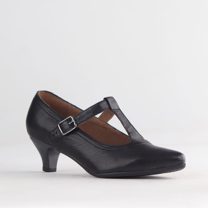 Froggie Shoes Shoes Froggie Women’s T Bar Kitten Heel Pump- Black Leather - 12792