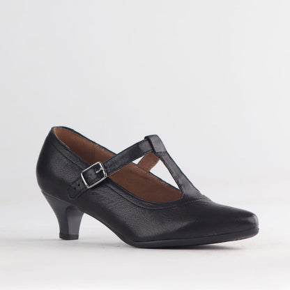 Froggie Shoes Shoes Froggie Women’s T Bar Kitten Heel Pump- Black Leather - 12792