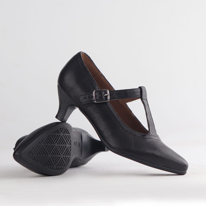 Froggie Shoes Shoes Froggie Women’s T Bar Kitten Heel Pump- Black Leather - 12792
