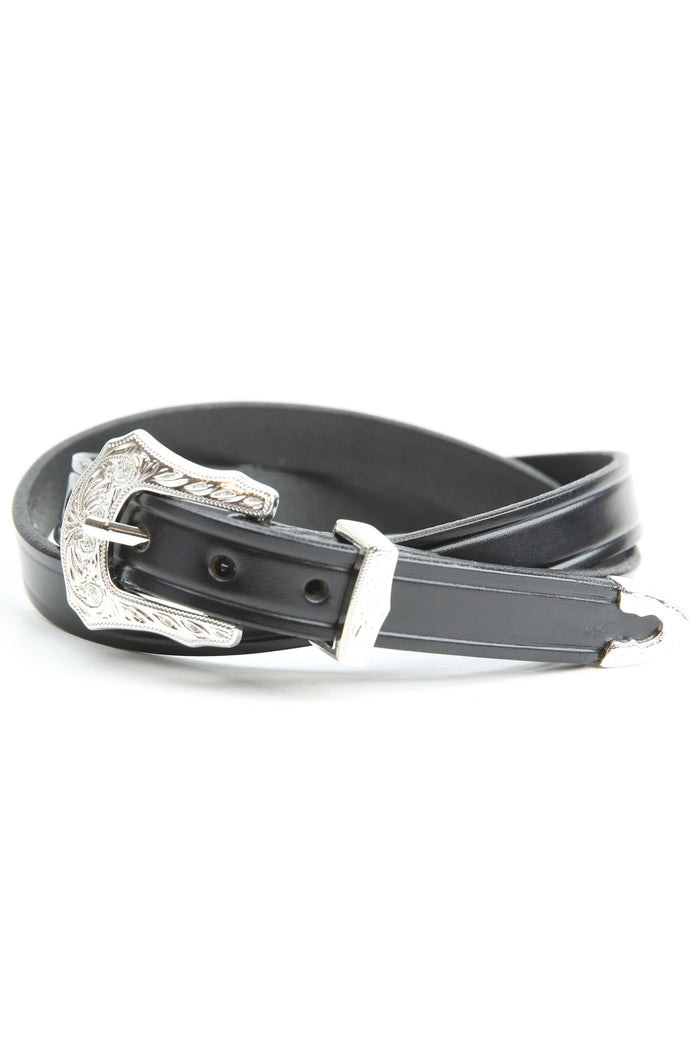 Tory Leather 3/4" Plain Creased Belt With 3-Pc Engraved Silver Buckle Set (2244) - Black