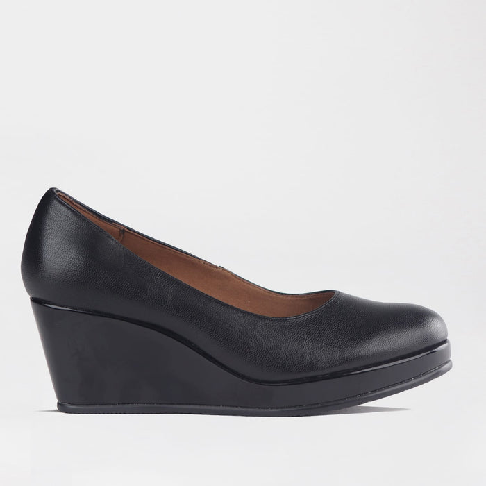 Froggie Women’s Wedge Pump- Black Leather and Patent Leather- 11168 - side.
