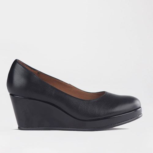 Froggie Women’s Wedge Pump- Black Leather and Patent Leather- 11168 - side.