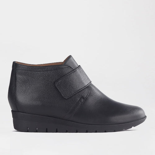 Froggie Shoes Women’s Ankle Boot- Velcro Fastening- Black Leather- 12251 -  side